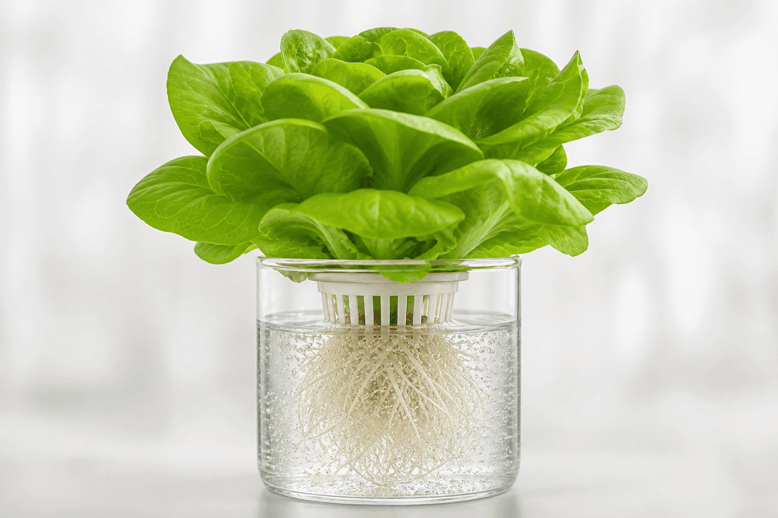 Hydroponic lettuce growing in clear nutrient solution with visible white roots